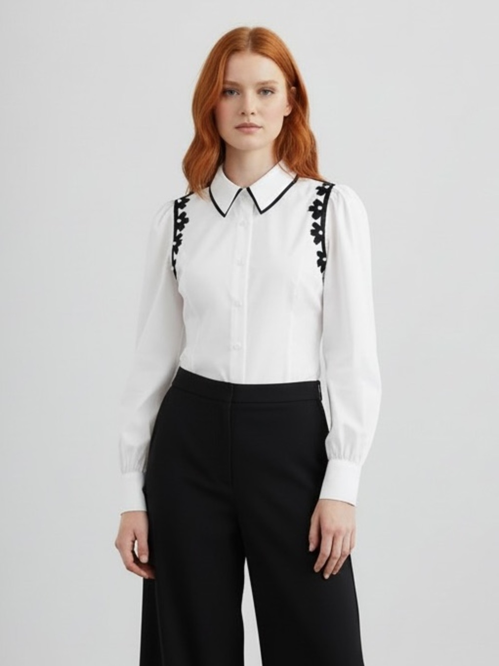 1237 • White Button Up Blouse w/Black Flower Appliqué & Pearl Details